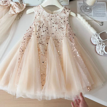 MQTIME  -   New Sequin Mesh Dresses Girls Elegant Birthday Party Dress Kids Bead Sleeveless Princess Dress Fluffy Tutu Gown Ball 2-8 Years